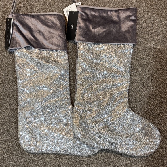 Tahari Boujee silver platinum sequin Christmas stockings NEW NWT set of 2 - Picture 1 of 4
